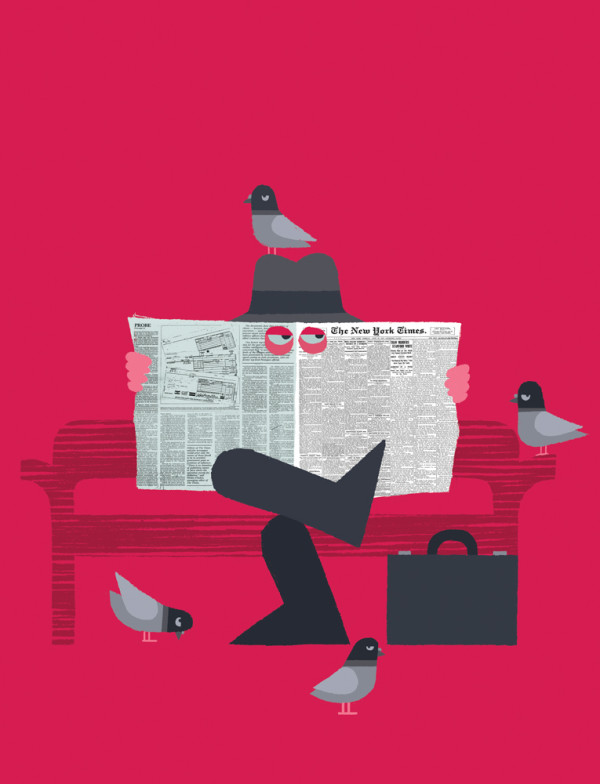 Espía con palomas tras el periódico
